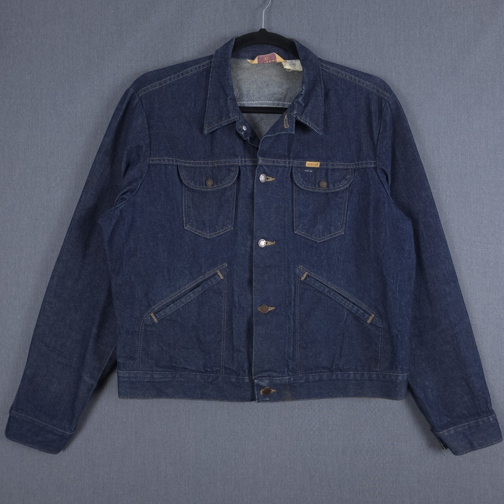 Vintage Rustler Denim Trucker Jacket Mens XL Blue Dark Wash Jean 1970s 74010PW